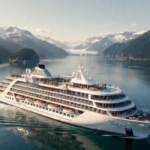 A luxury cruise ship navigates serene waters, surrounded by majestic, snow-capped mountains and glaciers. The pristine Alaskan landscape highlights the ship's elegant design and panoramic views.