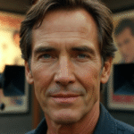 A distinguished middle-aged man with dark hair and blue eyes looks directly at the camera. Vintage film cameras flank him, with classic movie posters subtly blurred in the background.