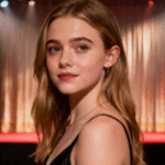 A young actress with long, blonde hair and a confident expression stands on a red carpet. Bright stage lights illuminate the background, hinting at a theatrical or film event.