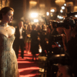 Sarah Pidgeon elegantly poses on a red carpet, wearing a shimmering off-the-shoulder gown. She is bathed in bright lights from photographers, showcasing her rise to stardom.