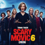A promotional poster for Scary Movie 6 (2026) features a terrified woman covered in blood. She is flanked by a large ensemble cast, including horror icons like Michael Myers, in front of a spooky house.