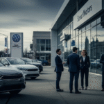 A contemporary Scout Motors dealership stands next to a Volkswagen dealership, reflecting a legal battle. Executives from both companies stand outside, engaged in what appears to be a tense discussion.