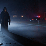 Ghostface stands ominously in the middle of a foggy street at night, with police car lights in the distance. The masked killer casts a long shadow under the streetlights, creating a chilling atmosphere.
