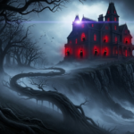 A storm-lit Victorian mansion glows with red windows on a cliff, shadowy figures with bright eyes loom inside Something Very Bad Is Going to Happen tonight.