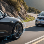 Two electric vehicles carve through a sunlit mountain curve, blue lightning effects sparking at the wheels. A dark sedan leads in the foreground while a silver hatchback follows on the winding road.