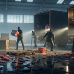 Masked thieves load red boxes of KitKat chocolate into trucks inside a rainy warehouse, while crates spill bars across the wet floor and chains lie abandoned nearby.