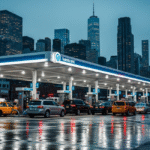 A busy city gas station at dusk, with multiple cars filling up and a price sign showing high fuel costs. The wet street reflects the lights of cars and the distant New York City skyline.