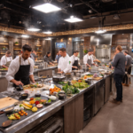 Chefs in white coats and black aprons work at long stainless stations under bright studio lights. Cameras and crew film the busy kitchen as colorful ingredients and plated dishes fill the counters.