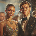 Zendaya and Tom Holland pose elegantly at a glamorous event, covered in shimmering confetti. She wears a sparkling gold gown, and he's in a sharp tuxedo, both smiling warmly amidst a crowd.