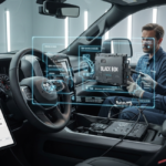 Technicians in a Ram truck interior remove the vehicle’s black box module as a laptop shows a $15,000 invoice, while a holographic overlay displays crash data from a 2025 Ram 1500 airbag deployment.