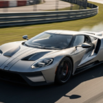 A wide-angle action shot of a silver Ford GT Mk IV supercar drifting around a tight, banked left-hand curve on the asphalt Nürburgring race track, producing a cloud of tire smoke from the rear wheel. The background is a blurry blend of green grass, guardrail, and trees under clear daylight.