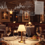 A warmly lit steakhouse dining room with set tables and floating charts labeled “CHAPTER 11” hovering above the booths. The scene visualizes 801 Chophouse Chapter 11 and what the bankruptcy filing means for diners, locations, and the industry.