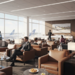 Bright Alaska lounge with leather seating, snacks, and floor-to-ceiling windows—showcasing the AlaskaAir premium experience.