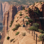 A rescue helicopter hovers near a red rock ridge as park staff assist hikers along a chained section. UI callouts label steep drop-offs, trail risk, and safety awareness for viewers.
