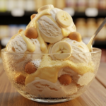Close-up of creamy Banana Pudding Ice Cream scoops topped with fresh banana slices and vanilla wafers, drizzled with golden sauce in a glass bowl on a wood table.