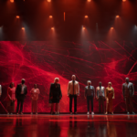 A diverse cast stands in a line onstage before a massive red web graphic, lit by overhead spots at a premiere event.