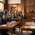 A split-screen graphic featuring Blake Lively on the left and Justin Baldoni on the right, both in professional attire. Between them, a large gavel rests on a wooden block over a blurred background of a courthouse.