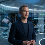 A professional portrait of a tech executive in a high-tech laboratory setting surrounded by advanced medical monitoring equipment. Bryan Johnson stands confidently while demonstrating the biometric tracking systems used in Project Blueprint.