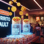 A neon “BURRITO VAULT” sign glows beside giant burritos labeled “DOUBLE PROTEIN TOPPINGS.” Guests line up in-store as coins and gift boxes float above the display.