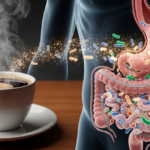 Steaming white coffee cup sits beside a transparent torso showing how Coffee Gut Microbiome interactions send glowing particles from the beverage into the stomach and intestines where bacteria flourish.