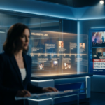 A news anchor stands before a holographic timeline detailing the rise of a Gen Z music star and the d4vd arrest investigation.