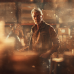 Darrell Sheets stands confidently in a dusty storage unit warehouse surrounded by stacked boxes and lockers, the warm glow catching his plaid shirt and vest as he surveys the space he made famous.