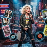 Debbie Harry sings center stage outside CBGB in 1970s New York, mic in hand under neon lights. Floating album covers, 45s, and concert posters highlight Blondie’s rise from downtown punk to MTV.