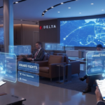 Travelers in a modern lounge use holographic displays to compare award flights and credit card perks while a wall screen shows Delta routes and loyalty hubs across the US map.