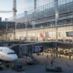 Delta aircraft docked at a glass-walled gate in Frankfurt’s new Terminal 3 as crews work outside at dusk, showcasing Delta Frankfurt Terminal 3 Changes that shift US-bound operations to the modern facility.