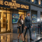 A man and woman in professional attire walk past a luxury building named "THE CURATED SPACE" while paparazzi take photos.