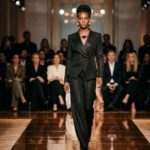 A high-fashion studio portrait of a confident woman posing for a major brand campaign. The Angel Reese feature showcases her transition from the basketball court to the global fashion stage.