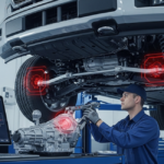 Technician in a service bay inspects components under a lifted F-150 while
