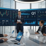 A corporate executive presents quarterly financial results on large digital screens during a high-level board meeting for General Motors.
