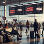 A busy airport terminal filled with frustrated travelers looking at large digital display boards showing flight cancellations and delays across major international hubs.