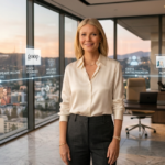 Gwyneth Paltrow stands in a modern corner office at sunset with a holographic timeline tracing film debut, Oscar win, and Goop founding,