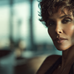 Close-up portrait of Halle Berry with short curly hair, soft window light highlighting her face. She wears a black sleeveless top, gold hoop earring, and a delicate necklace, gazing calmly at camera.
