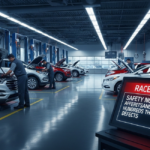 A 3D isometric infographic showing a vast parking lot filled with various SUV models and sedans. Hovering digital counters display large numerical data to represent the total volume of affected units.
