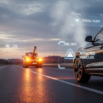 A driver stands on the shoulder watching a tow truck approach as smoke rises from a black SUV at sunset. Holographic UI panels reading “RECALL ALERT,” “FIRE RISK,” and “AFFECTED VEHICLES” highlight the kia 141k vehicle recall.