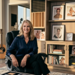 A portrait of Kim Alexis sitting in a professional office setting with a skyline view and a bookshelf featuring various magazine covers.
