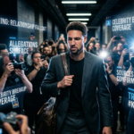 Klay Thompson walks through a tunnel surrounded by cameras and flashing lights while holographic overlays read “BREAKING: RELATIONSHIP FALLOUT” and “TRENDING: #KLAYNEWS” during intense media coverage.