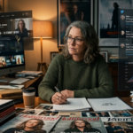 A middle-aged woman with glasses, identified as Lena Dunham, sits at a desk cluttered with scripts and industry magazines.