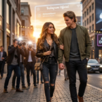 A couple walks arm-in-arm through the Arena District at golden hour as photographers capture the moment under an “Instagram Official” overlay. The scene shows Madison Beer and Justin Herbert together, marking the public confirmation that drove NFL and pop culture buzz.