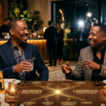 Eddie Murphy and Martin Lawrence laugh together at a candlelit dinner table etched with glowing lines connecting the Murphy and Lawrence family legacies beneath framed movie posters.