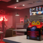A McDonald's netflix happy meal box with Stranger Things graphics sits front and center on a table inside a moody, red-lit restaurant, while menu screens glow with Netflix and Stranger Things logos behind customers.