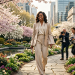 Michelle Obama walking confidently on a stone path in a garden, displaying her Michelle Obama spring fashion in a sleek beige pantsuit.