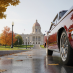 A meticulously restored red vintage muscle car parked on a scenic coastal road at sunset. Debates surrounding the Minnesota Classic Car Law focus on how new regulations might impact the operation of such vehicles.