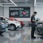Technician reviews diagnostic data on a tablet beside rows of Mitsubishi SUVs in a service bay while a large screen displays “108,000 VEHICLE RECALL” and highlights components flagged under the mitsubishi 108000 vehicle recall.
