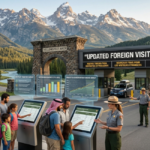 Diverse international visitors view digital kiosks displaying National Park Foreign Visitor Fees at Yellowstone entrance. Multilingual sign announces “Updated Foreign Visitor Fees 2026” above park rangers assisting guests.