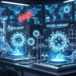 Two scientists in full protective gear study holograms of the Cicada COVID variant BA.3.2. Global maps and case clusters glow on screens behind them in a biosafety lab.