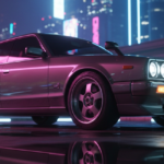 A sleek, metallic-grey sedan with throwback boxy styling and glowing quad-headlights parked on a wet neon-lit street. The new nissan skyline infiniti collaboration promises to bring this JDM aesthetic to the North American luxury market.